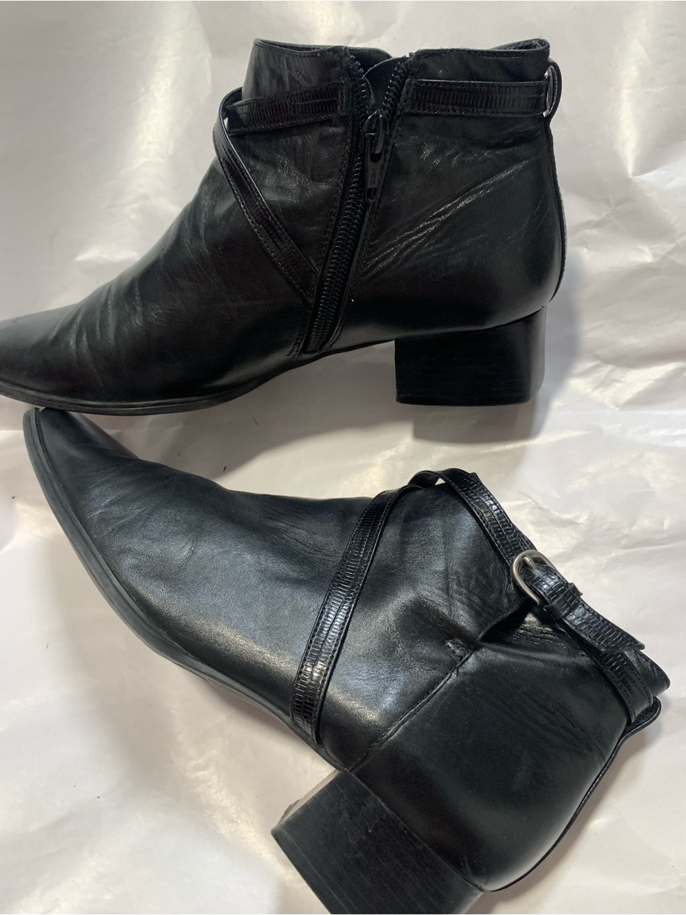 Michelle D Black Leather Ankle Booties with Buckle Strap
